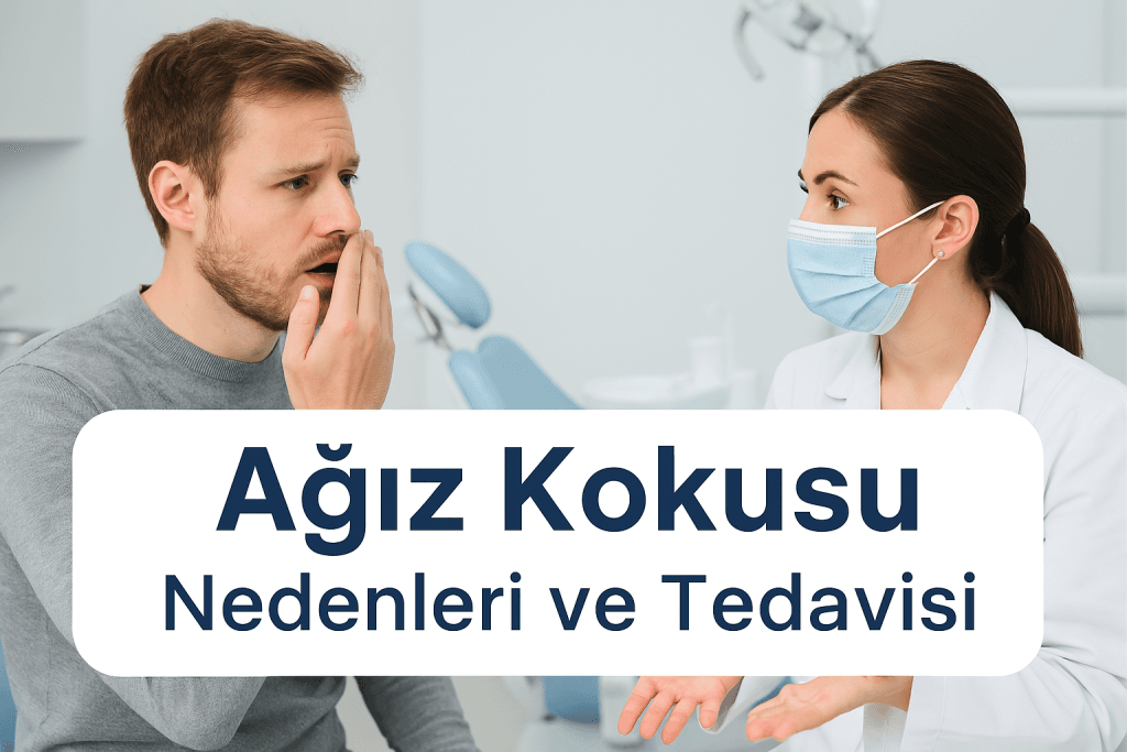 Ağız Kokusu Tedavisi Diş hekimiyle ağız kokusu şikayetini paylaşan yetişkin erkek hasta; modern klinik ortamında ağız kokusu tedavisi hakkında profesyonel danışma sahnesi.
