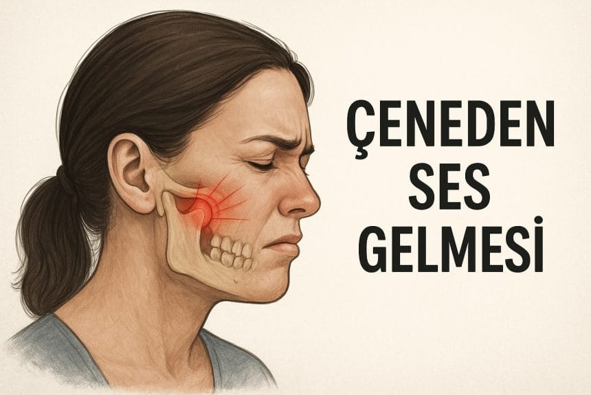 ceneden-ses-gelmesi Çeneden ses gelmesi başlığını içeren ve çenesi ağrıyan bir kadın
