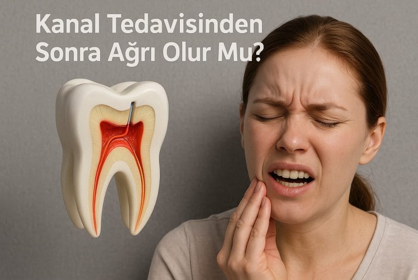 Kanal tedavisi sonrası ağrı olur mu? başlığını içeren 3d kanal tedavisi işlemi gören diş barındıran ve ağrı çeken bir kadını içeren görsel