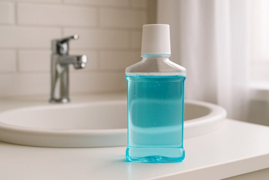 Beyaz bir banyo tezgahı üzerinde lavabonun yanında duran mavi ağız bakım suyu şişesi, doğal ışık altında çekilmiş, hijyenik ve modern bir ortamda yatay blog görseli.