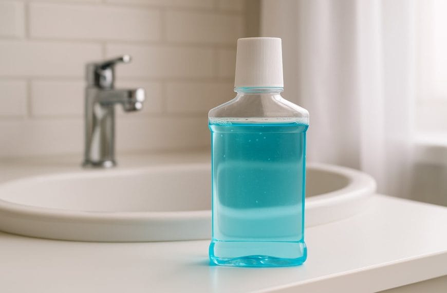 Beyaz bir banyo tezgahı üzerinde lavabonun yanında duran mavi ağız bakım suyu şişesi, doğal ışık altında çekilmiş, hijyenik ve modern bir ortamda yatay blog görseli.