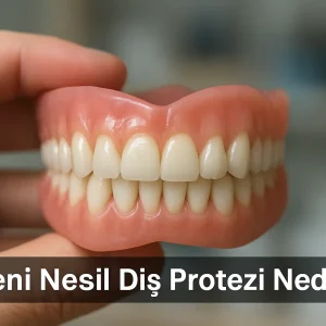 Gerçek bir diş kliniğinde elinde modern bir diş protezi tutan diş hekimi; doğal ışıkta, temiz klinik arka planı önünde yeni nesil diş protezini yakından gösteriyor. Görsel, “Yeni Nesil Diş Protezi Nedir?” başlıklı blog içeriği için hazırlanmış yatay formatlı profesyonel tanıtım görselidir.