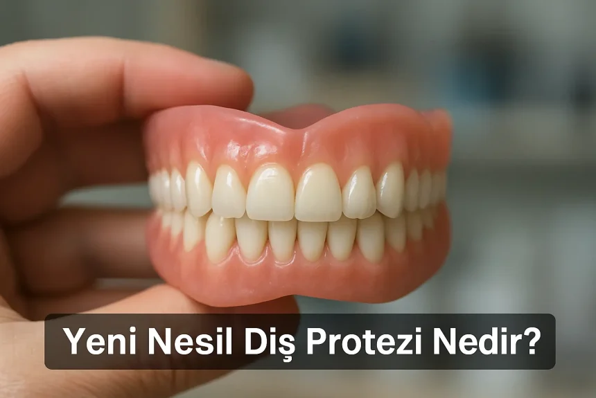 Gerçek bir diş kliniğinde elinde modern bir diş protezi tutan diş hekimi; doğal ışıkta, temiz klinik arka planı önünde yeni nesil diş protezini yakından gösteriyor. Görsel, “Yeni Nesil Diş Protezi Nedir?” başlıklı blog içeriği için hazırlanmış yatay formatlı profesyonel tanıtım görselidir.