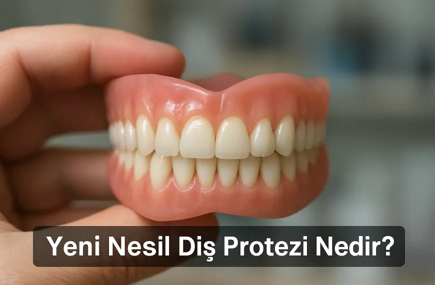 Gerçek bir diş kliniğinde elinde modern bir diş protezi tutan diş hekimi; doğal ışıkta, temiz klinik arka planı önünde yeni nesil diş protezini yakından gösteriyor. Görsel, “Yeni Nesil Diş Protezi Nedir?” başlıklı blog içeriği için hazırlanmış yatay formatlı profesyonel tanıtım görselidir.