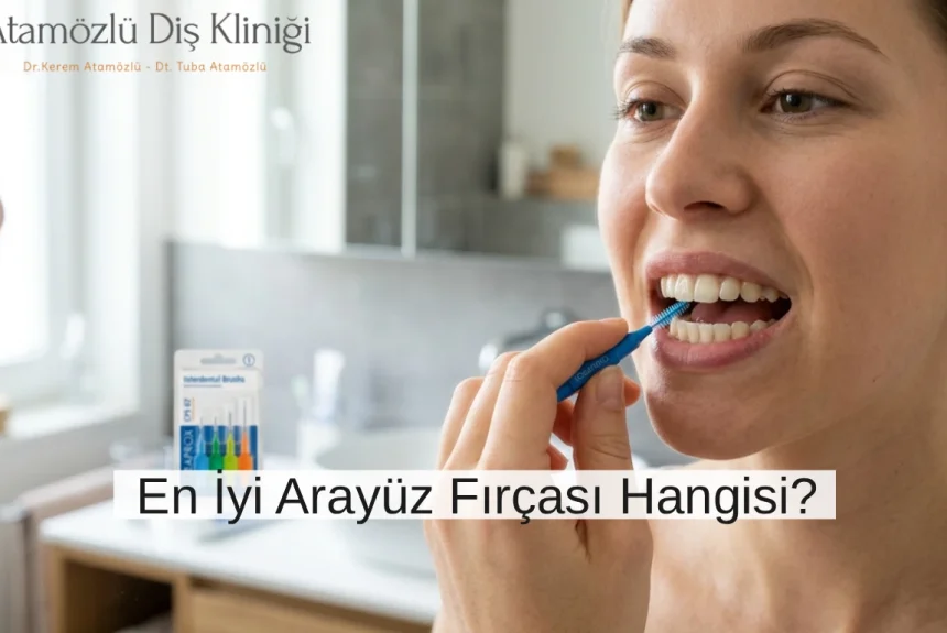 Ayna karşısında dişleri için doğru arayüz fırçasını kullanan bir kadın